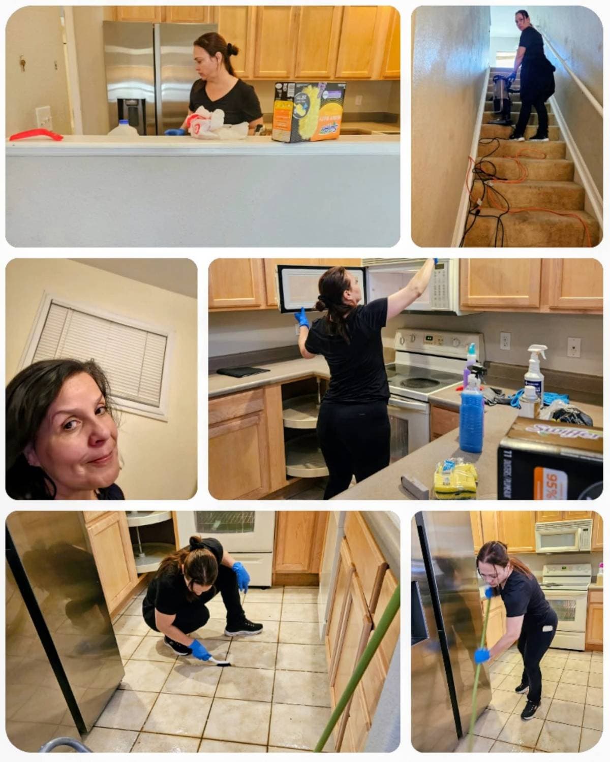 Marina on the job: wiping a kitchen counter, vacuuming stairs, cleaning inside a microwave, scrubbing tile grout and mopping